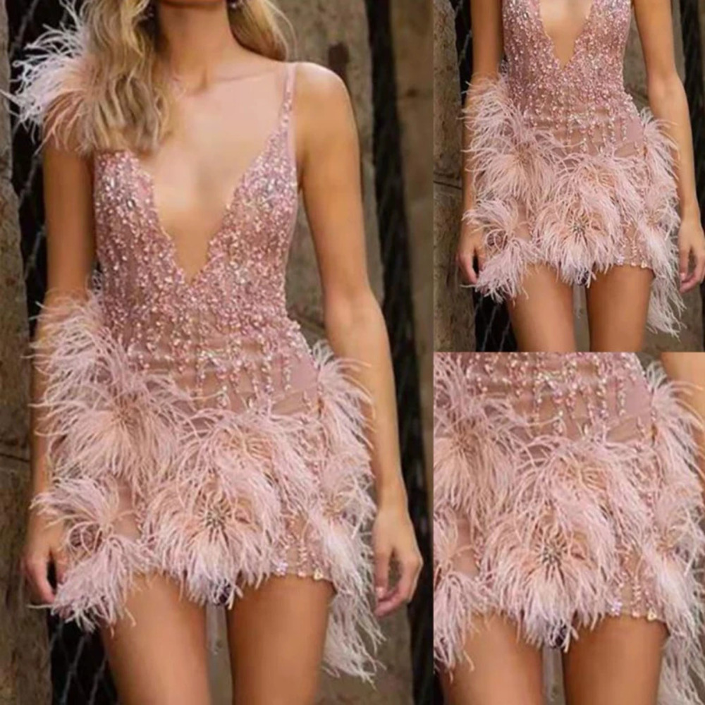 ZARA Feather Strap Mini Dress Deep V Sexy Nightclub Party Dress